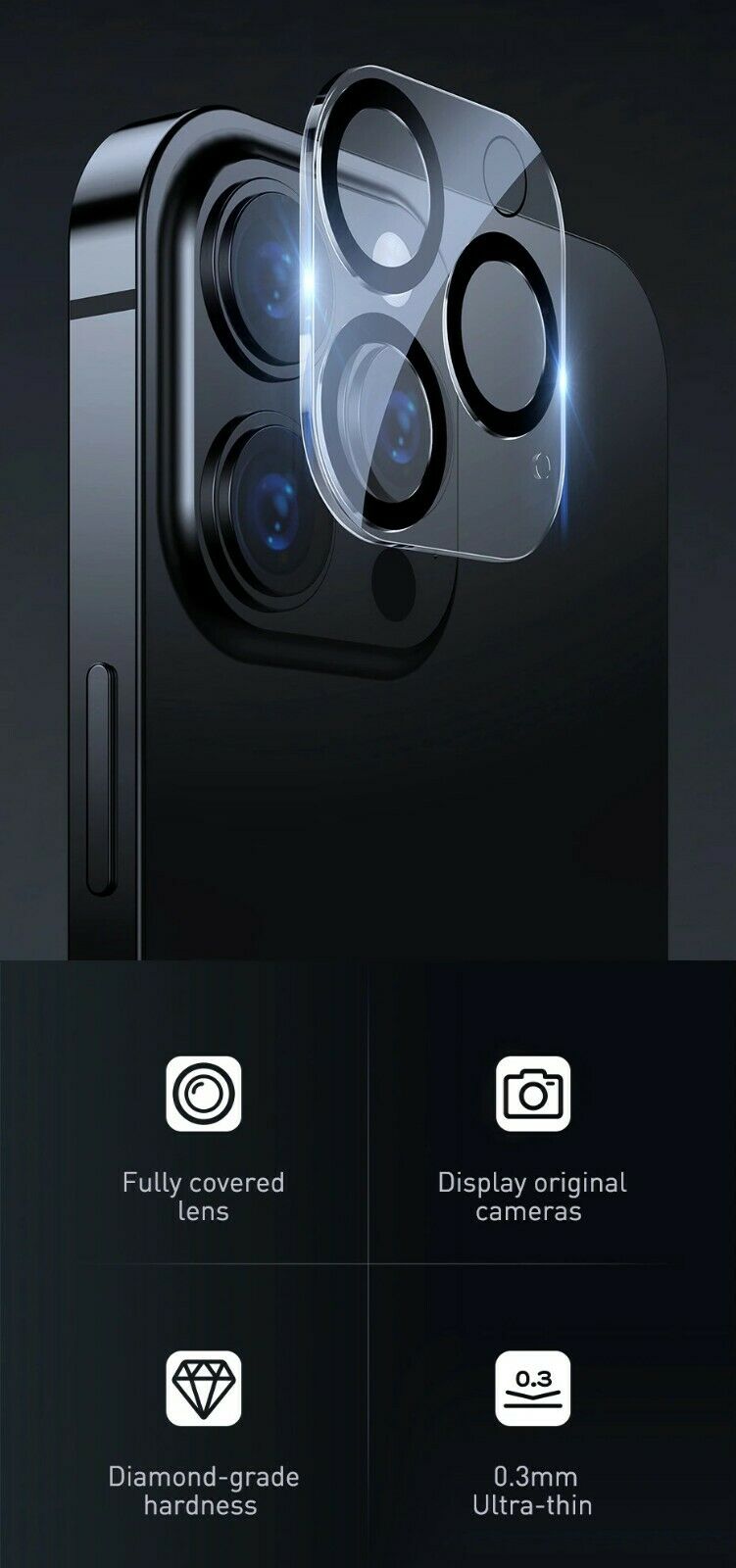 Cụm Kính Cường Lực Camera Sau iPhone 13 Pro Hiệu Baseus chất liệu từ kính là giải pháp bảo vệ chiếc camera siểu khủng của máy hạn chế tình trạng trầy xước, va đập